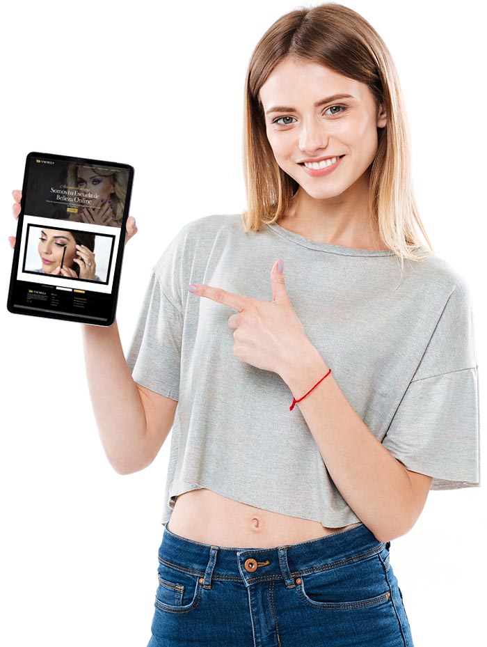 Smiling attractive girl pointing finger at black screen tablet computer